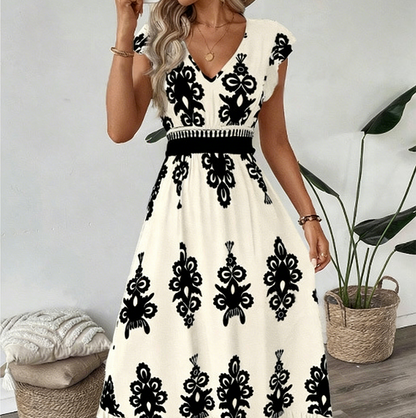 🎑👗 PROMO FLASH 50% ! Robe Longue Femme Imprimé Baroque – Col en V, Taille Haute, Tissu Fluide, 5 Couleurs, Style Bohème Chic 🌸