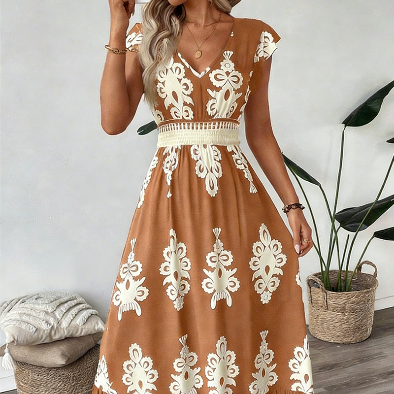 🎑👗 PROMO FLASH 50% ! Robe Longue Femme Imprimé Baroque – Col en V, Taille Haute, Tissu Fluide, 5 Couleurs, Style Bohème Chic 🌸