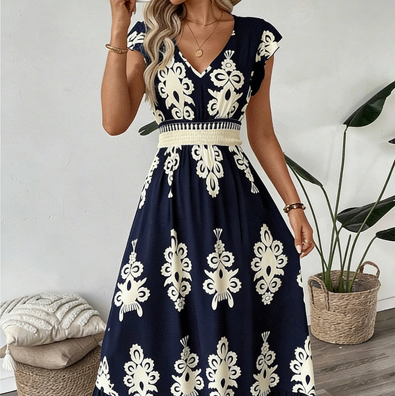 🎑👗 PROMO FLASH 50% ! Robe Longue Femme Imprimé Baroque – Col en V, Taille Haute, Tissu Fluide, 5 Couleurs, Style Bohème Chic 🌸
