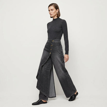 🔥 50 % DE RÉDUCTION 👖 Jupe-pantalon asymétrique en jean à effet portefeuille 🌀 Taille haute, jambes larges et patte de boutonnage tendance ✨