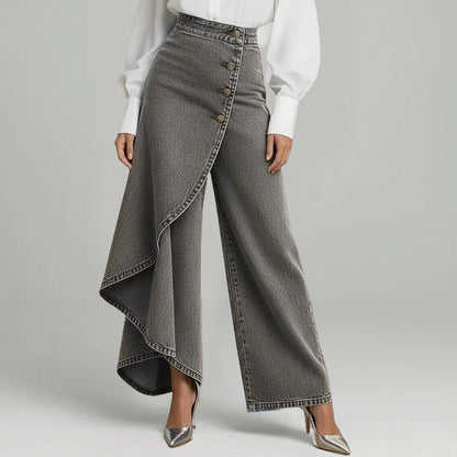 🔥 50 % DE RÉDUCTION 👖 Jupe-pantalon asymétrique en jean à effet portefeuille 🌀 Taille haute, jambes larges et patte de boutonnage tendance ✨