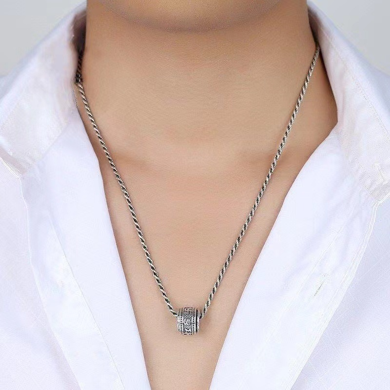 Collier rétro thaïlandais en argent avec six mots mantra bonne chance pour homme – Rotatif🔥🔥