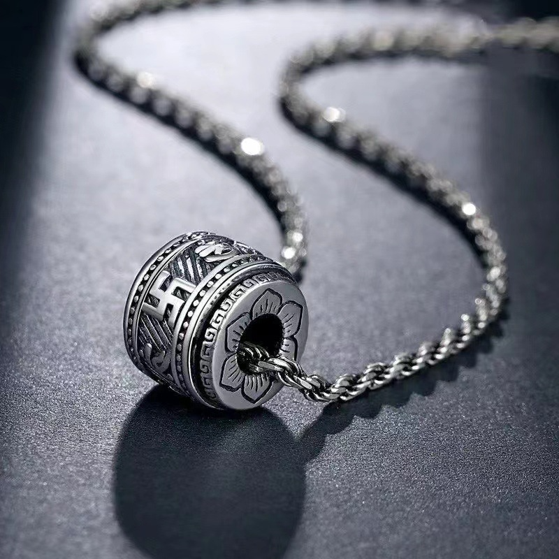 Collier rétro thaïlandais en argent avec six mots mantra bonne chance pour homme – Rotatif🔥🔥