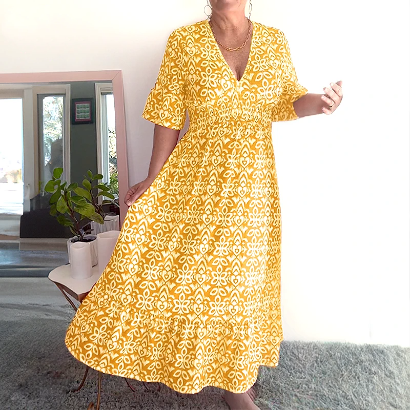 🔥Économisez 50 % sur les offres spéciales⏰-🌸Robe longue enveloppante à encolure en V avec imprimé bohémien décontracté