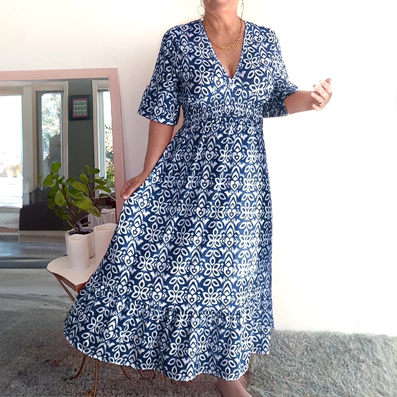 🔥Économisez 50 % sur les offres spéciales⏰-🌸Robe longue enveloppante à encolure en V avec imprimé bohémien décontracté