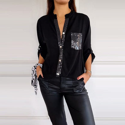 Haut Décontracté en Patchwork avec Paillettes pour Femmes