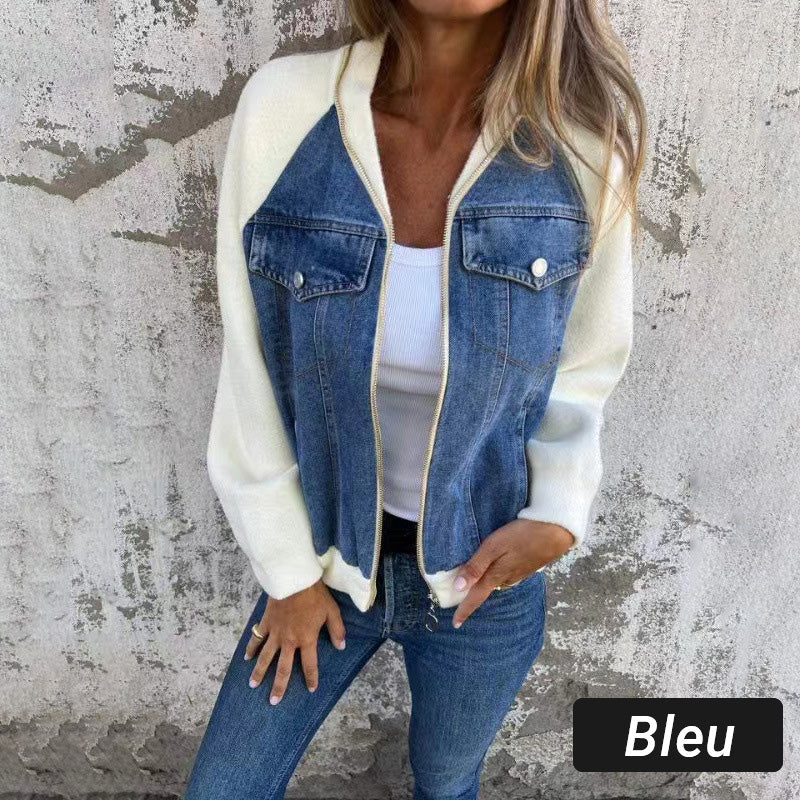 Veste en denim à fermeture éclair pour femme