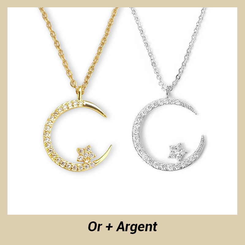 Collier Étincelant avec Pendentif d'Étoile et de Lune