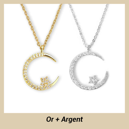 Collier Étincelant avec Pendentif d'Étoile et de Lune