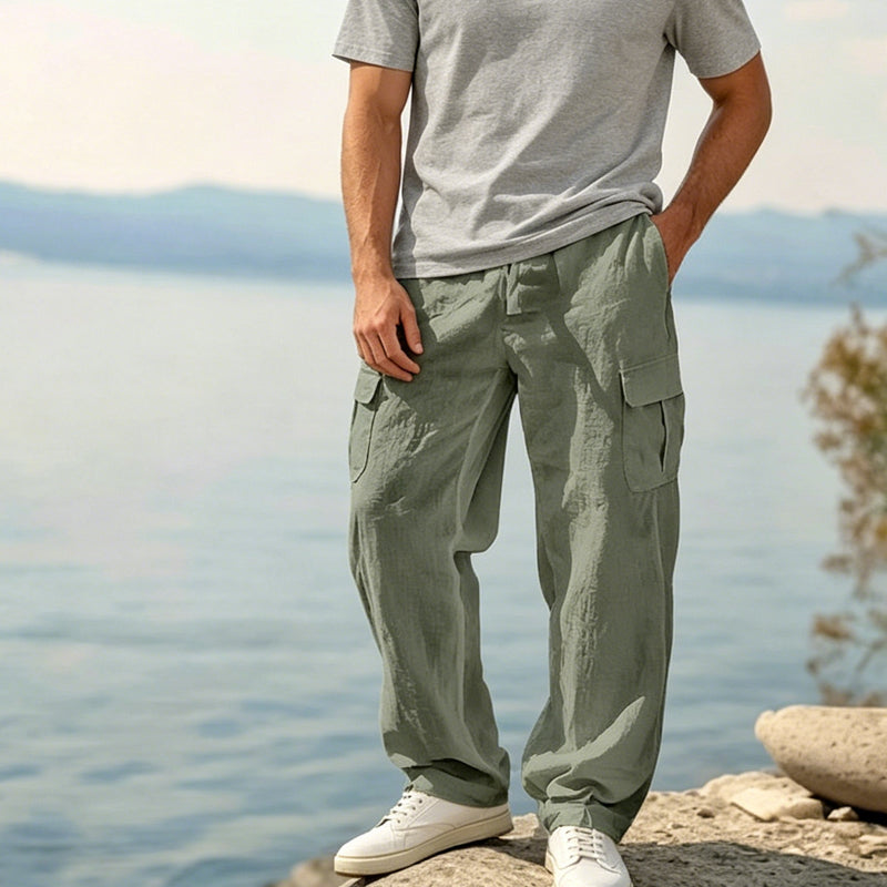 👖🌿 PROMO FLASH 50% ! Pantalon Cargo Homme Coton & Lin – Coupe Loose, Respirant, Poches Multiples, Taille Cordon, 6 Couleurs, 6 Tailles, Parfait Été 🍃