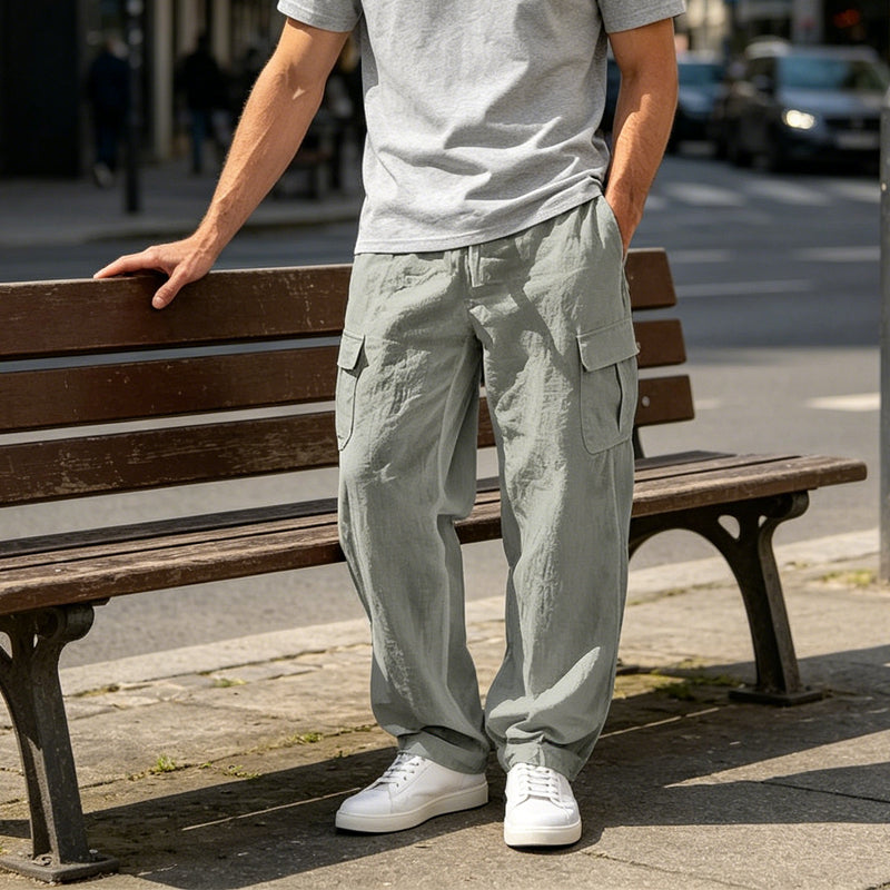 👖🌿 PROMO FLASH 50% ! Pantalon Cargo Homme Coton & Lin – Coupe Loose, Respirant, Poches Multiples, Taille Cordon, 6 Couleurs, 6 Tailles, Parfait Été 🍃