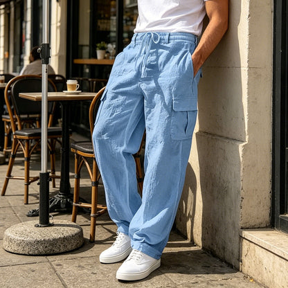 👖🌿 PROMO FLASH 50% ! Pantalon Cargo Homme Coton & Lin – Coupe Loose, Respirant, Poches Multiples, Taille Cordon, 6 Couleurs, 6 Tailles, Parfait Été 🍃