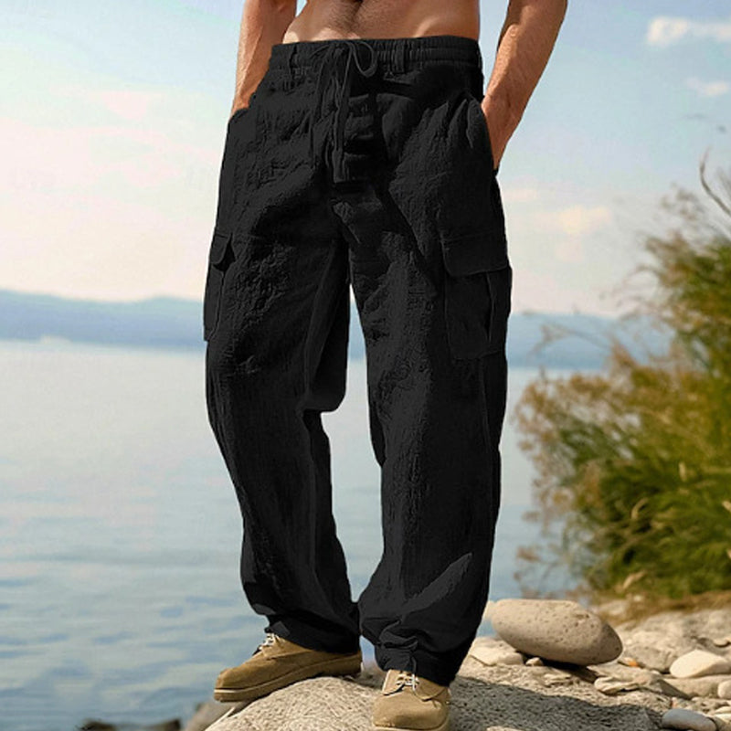 👖🌿 PROMO FLASH 50% ! Pantalon Cargo Homme Coton & Lin – Coupe Loose, Respirant, Poches Multiples, Taille Cordon, 6 Couleurs, 6 Tailles, Parfait Été 🍃