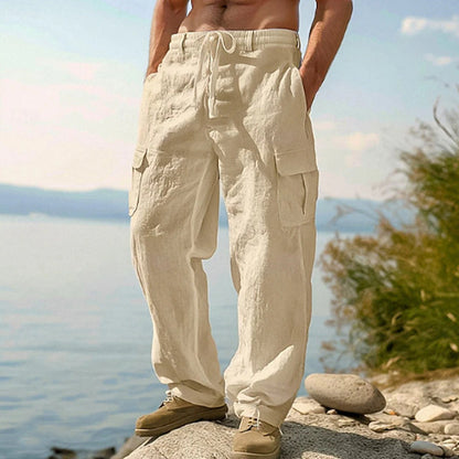 👖🌿 PROMO FLASH 50% ! Pantalon Cargo Homme Coton & Lin – Coupe Loose, Respirant, Poches Multiples, Taille Cordon, 6 Couleurs, 6 Tailles, Parfait Été 🍃