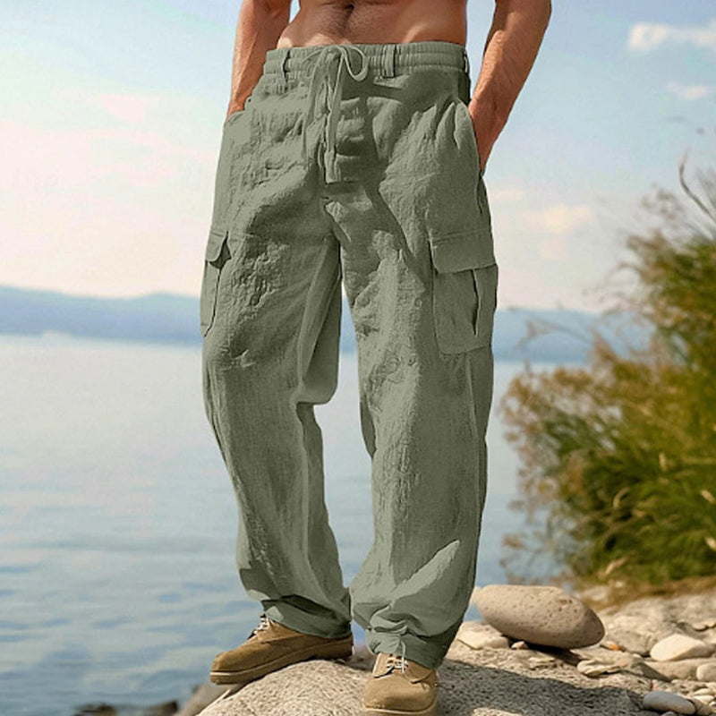 👖🌿 PROMO FLASH 50% ! Pantalon Cargo Homme Coton & Lin – Coupe Loose, Respirant, Poches Multiples, Taille Cordon, 6 Couleurs, 6 Tailles, Parfait Été 🍃