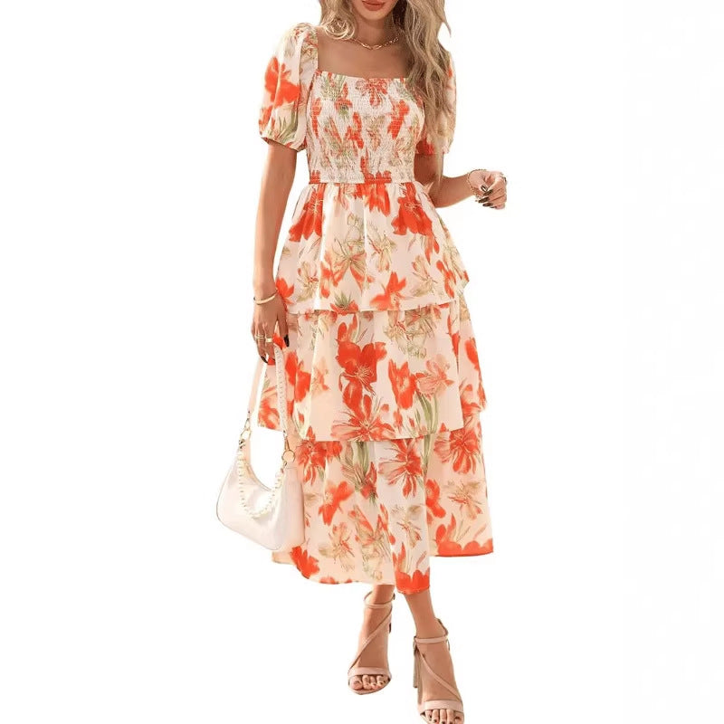 🔥Dernier jour de soldes : 50 % de réduction🔥Robe longue en mousseline à volants et imprimé floral pour femme - Manches courtes et encolure carrée