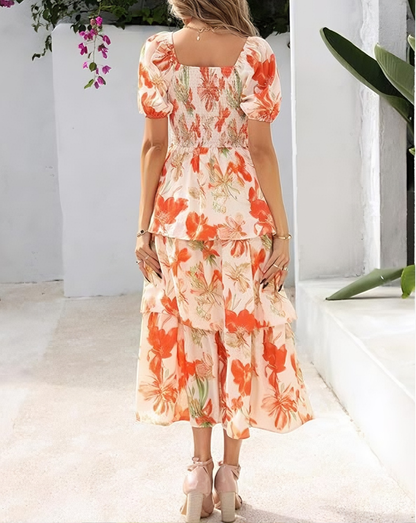 🔥Dernier jour de soldes : 50 % de réduction🔥Robe longue en mousseline à volants et imprimé floral pour femme - Manches courtes et encolure carrée
