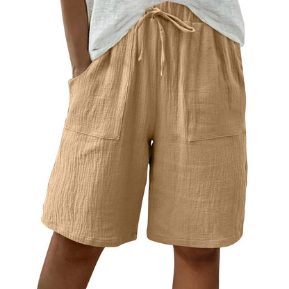 Short taille haute élastique en coton et lin pour femme