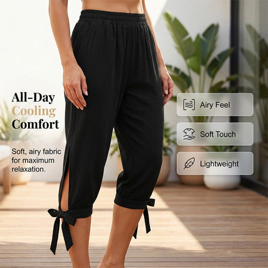 👖 OFFRE LIMITÉE : 50 % DE RÉDUCTION ! ✨ Pantalon Capri femme à taille élastique – Respirant, extensible, détail noué sur le côté 🌿