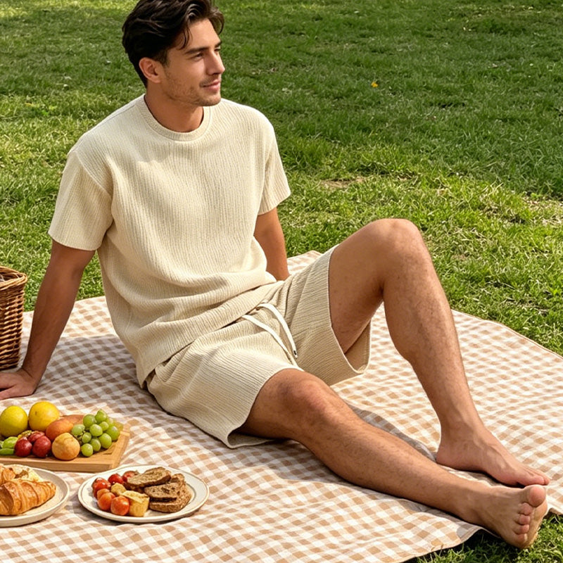 Ensemble deux pièces pour homme : T-shirt décontracté et short.