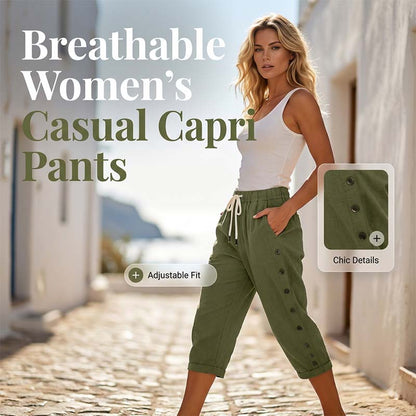 👖 Pantalon capri décontracté pour femme avec boutons sur le côté – style décontracté, coupe confortable et polyvalent – idéal au quotidien, à la plage et en voyage