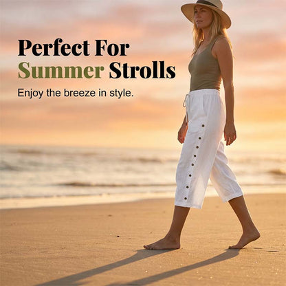 👖 Pantalon capri décontracté pour femme avec boutons sur le côté – style décontracté, coupe confortable et polyvalent – idéal au quotidien, à la plage et en voyage
