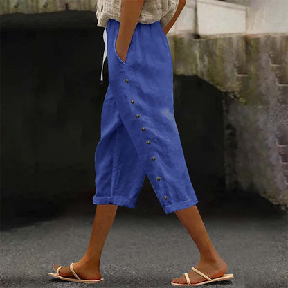 👖 Pantalon capri décontracté pour femme avec boutons sur le côté – style décontracté, coupe confortable et polyvalent – idéal au quotidien, à la plage et en voyage