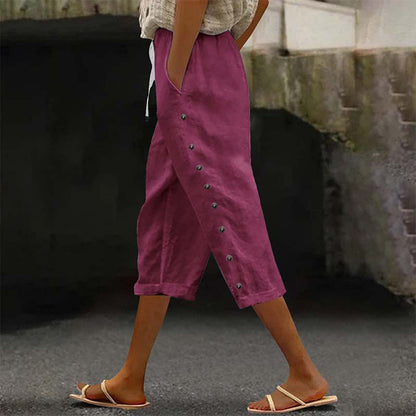 👖 Pantalon capri décontracté pour femme avec boutons sur le côté – style décontracté, coupe confortable et polyvalent – idéal au quotidien, à la plage et en voyage