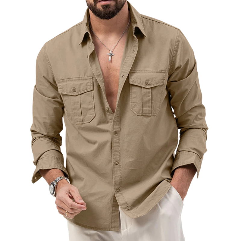 Chemise décontractée à manches longues pour homme, avec poches
