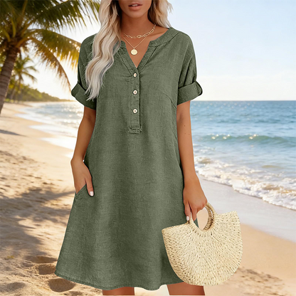 👗 Robe femme décontractée à col V et taille cintrée, poches, tissu doux et confortable ✨
