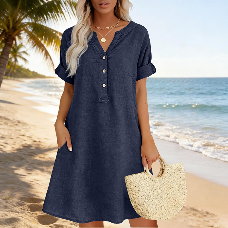 👗 Robe femme décontractée à col V et taille cintrée, poches, tissu doux et confortable ✨