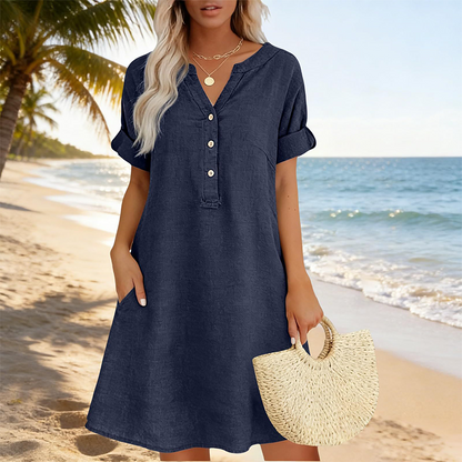 👗 Robe femme décontractée à col V et taille cintrée, poches, tissu doux et confortable ✨