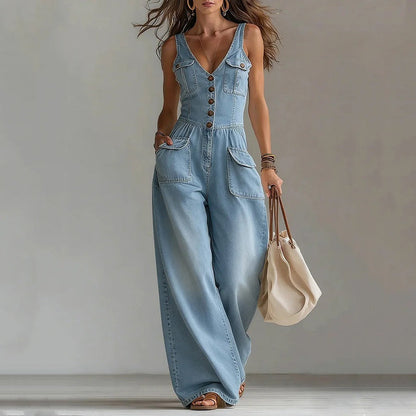 👖 OFFRE LIMITÉE : 55 % DE RÉDUCTION ! 💥 Combinaison en jean pour femme – Fermeture boutonnée, jambes larges ✨