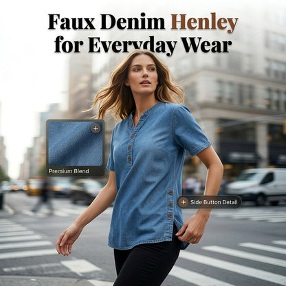 Haut décontracté effet denim femme, manches courtes, respirant, avec boutons décoratifs, coupe fluide👕
