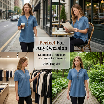 Haut décontracté effet denim femme, manches courtes, respirant, avec boutons décoratifs, coupe fluide👕