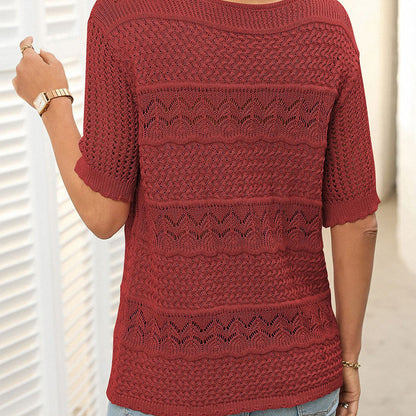 🏆Jusqu'à 50% de réduction !🌷Pull femme manches courtes col rond aspect ajouré et crochet