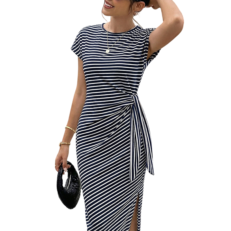 Robe midi à rayures avec nœud sur le côté pour femme