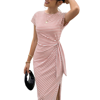 Robe midi à rayures avec nœud sur le côté pour femme