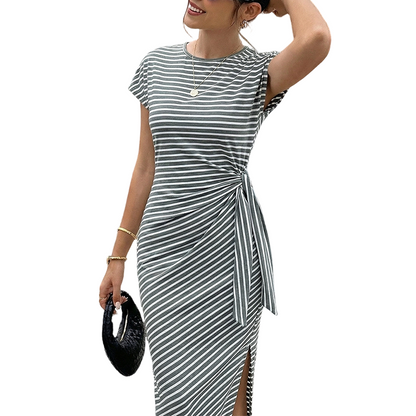 Robe midi à rayures avec nœud sur le côté pour femme