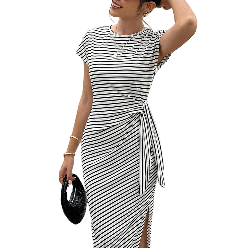 Robe midi à rayures avec nœud sur le côté pour femme