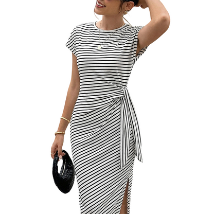 Robe midi à rayures avec nœud sur le côté pour femme