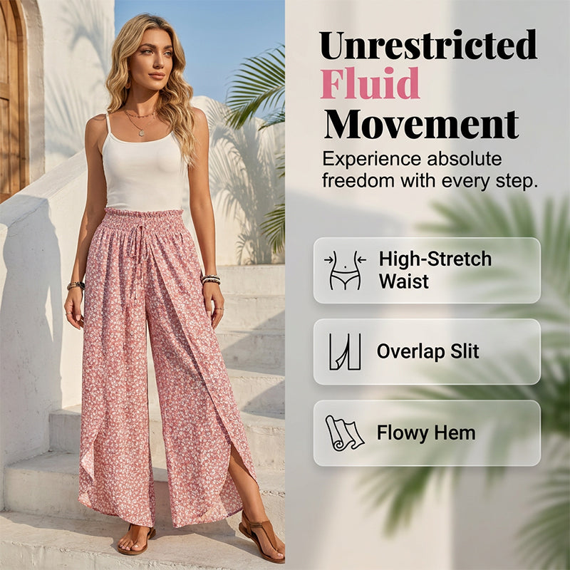Pantalon large à taille smockée et fente pour femme