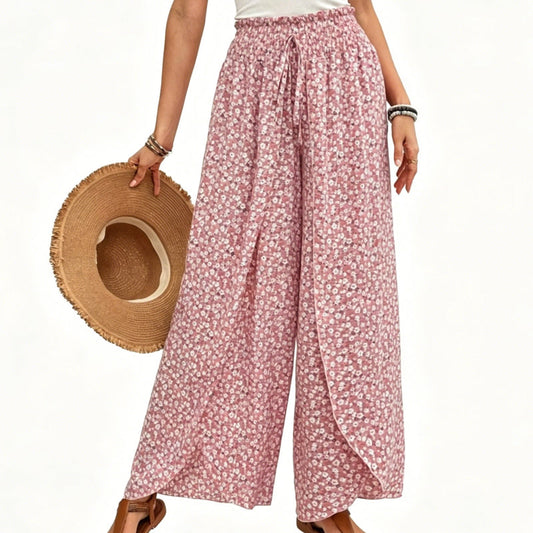 Pantalon large à taille smockée et fente pour femme