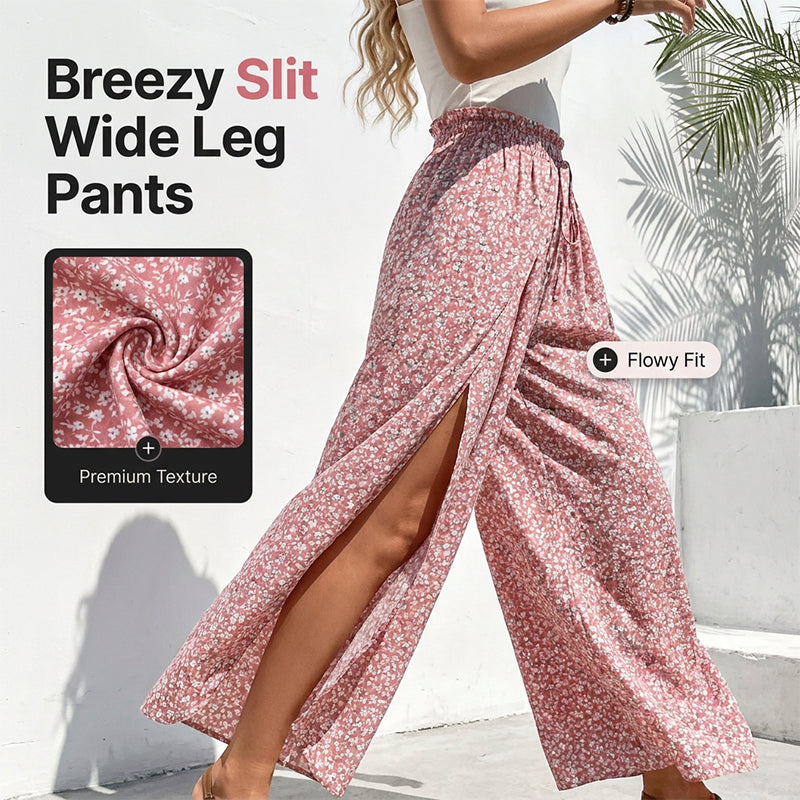 Pantalon large à taille smockée et fente pour femme