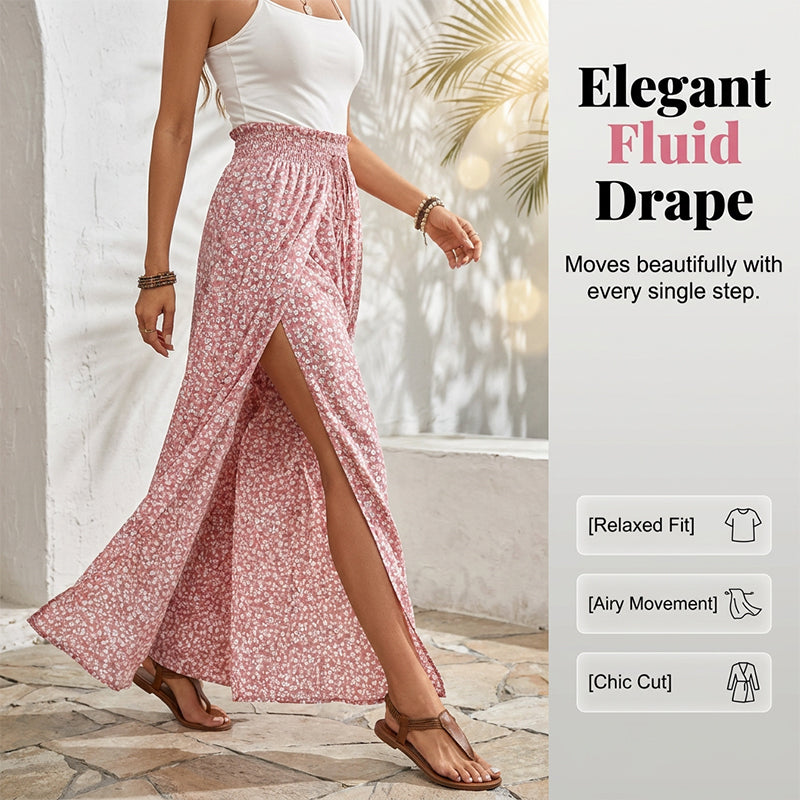 Pantalon large à taille smockée et fente pour femme