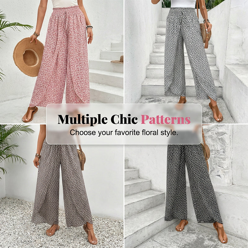 Pantalon large à taille smockée et fente pour femme