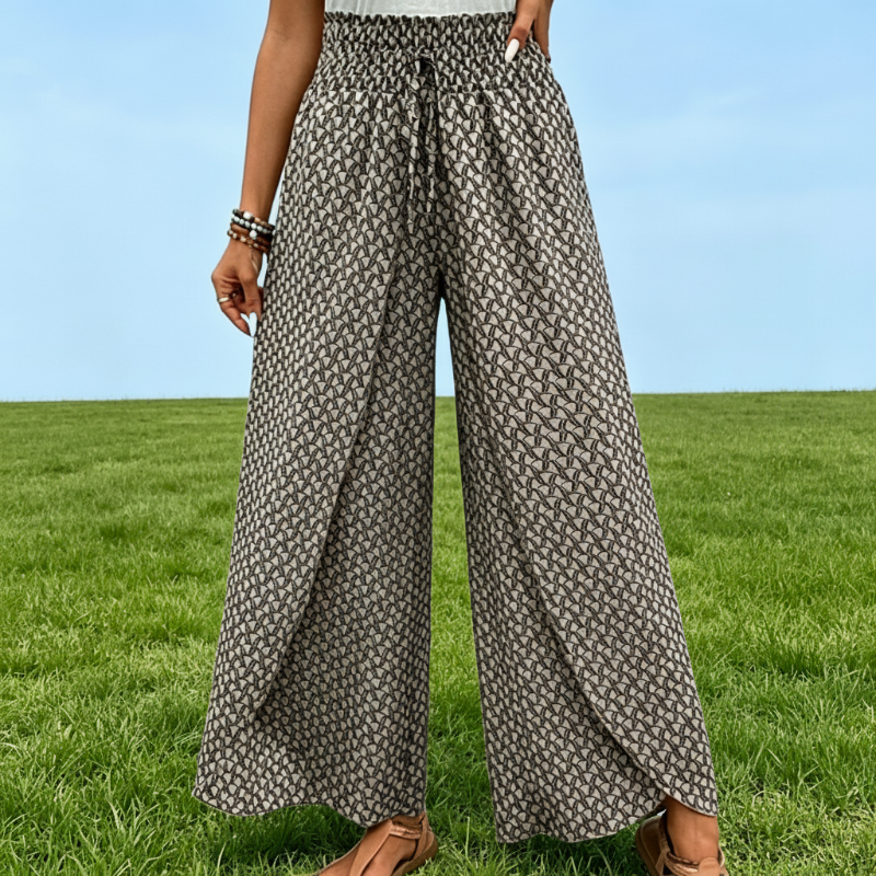 Pantalon large à taille smockée et fente pour femme