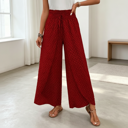 Pantalon large à taille smockée et fente pour femme