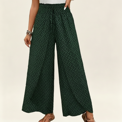 Pantalon large à taille smockée et fente pour femme