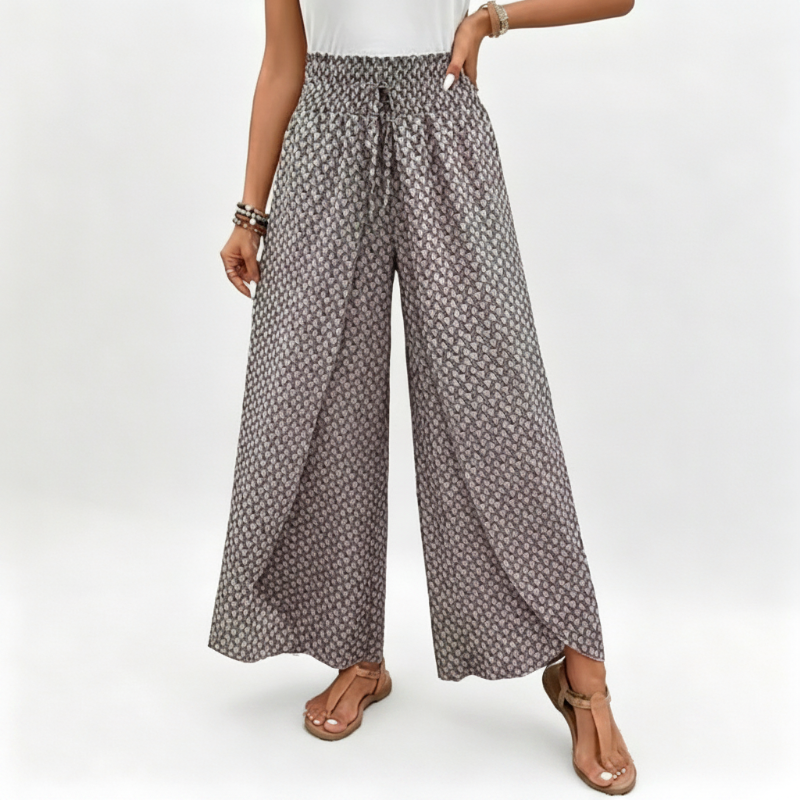 Pantalon large à taille smockée et fente pour femme